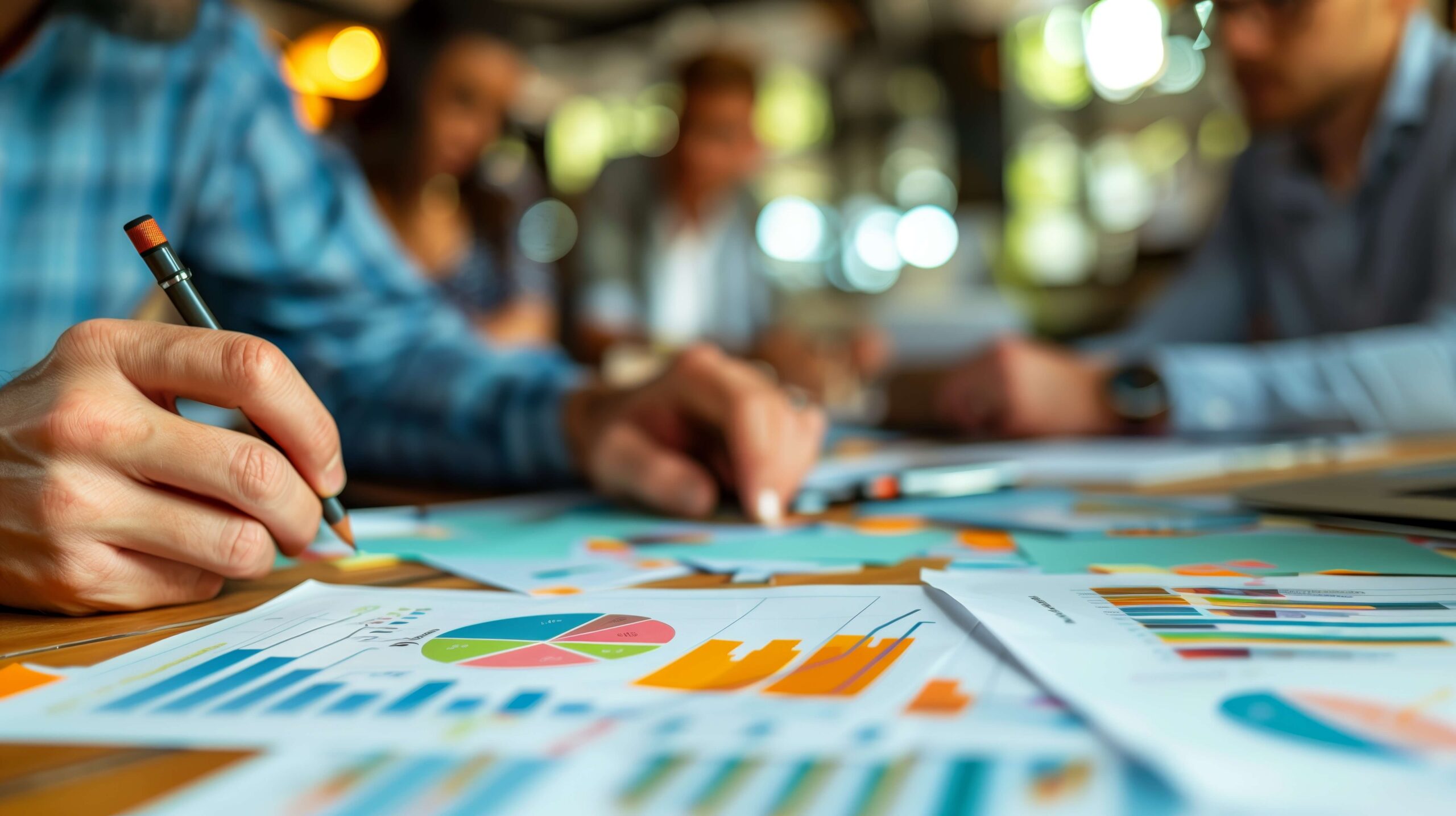 Hands writing on marketing strategy documents with colorful charts and graphs, emphasizing data analysis and business growth, relevant to CAGnite's digital marketing solutions.