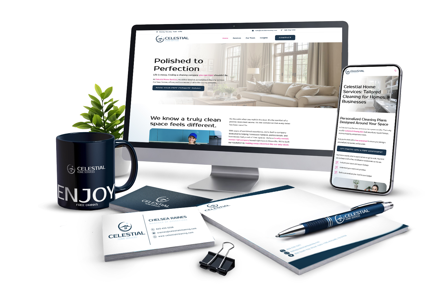 Desktop setup featuring Celestial Home Services branding, including a computer displaying a polished website, a coffee mug with "ENJOY FREE DRINKS," business cards, a notepad, and a pen, emphasizing professional identity and brand consistency.