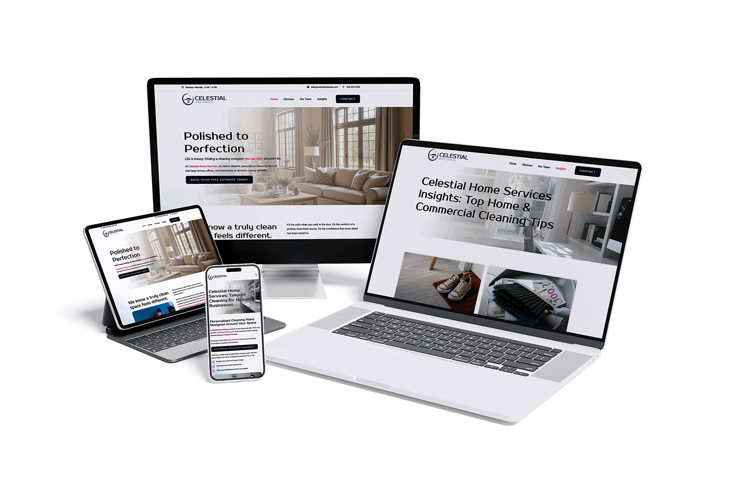 Laptops and tablet displaying Celestial Home Services website, showcasing polished design and cleaning service insights, emphasizing digital marketing and brand identity.