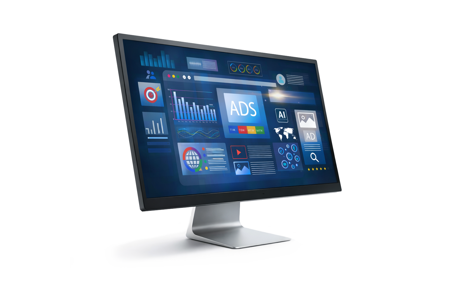 Computer monitor displaying analytics and digital marketing data, featuring graphs, ads, and AI elements, emphasizing custom strategies for business growth.