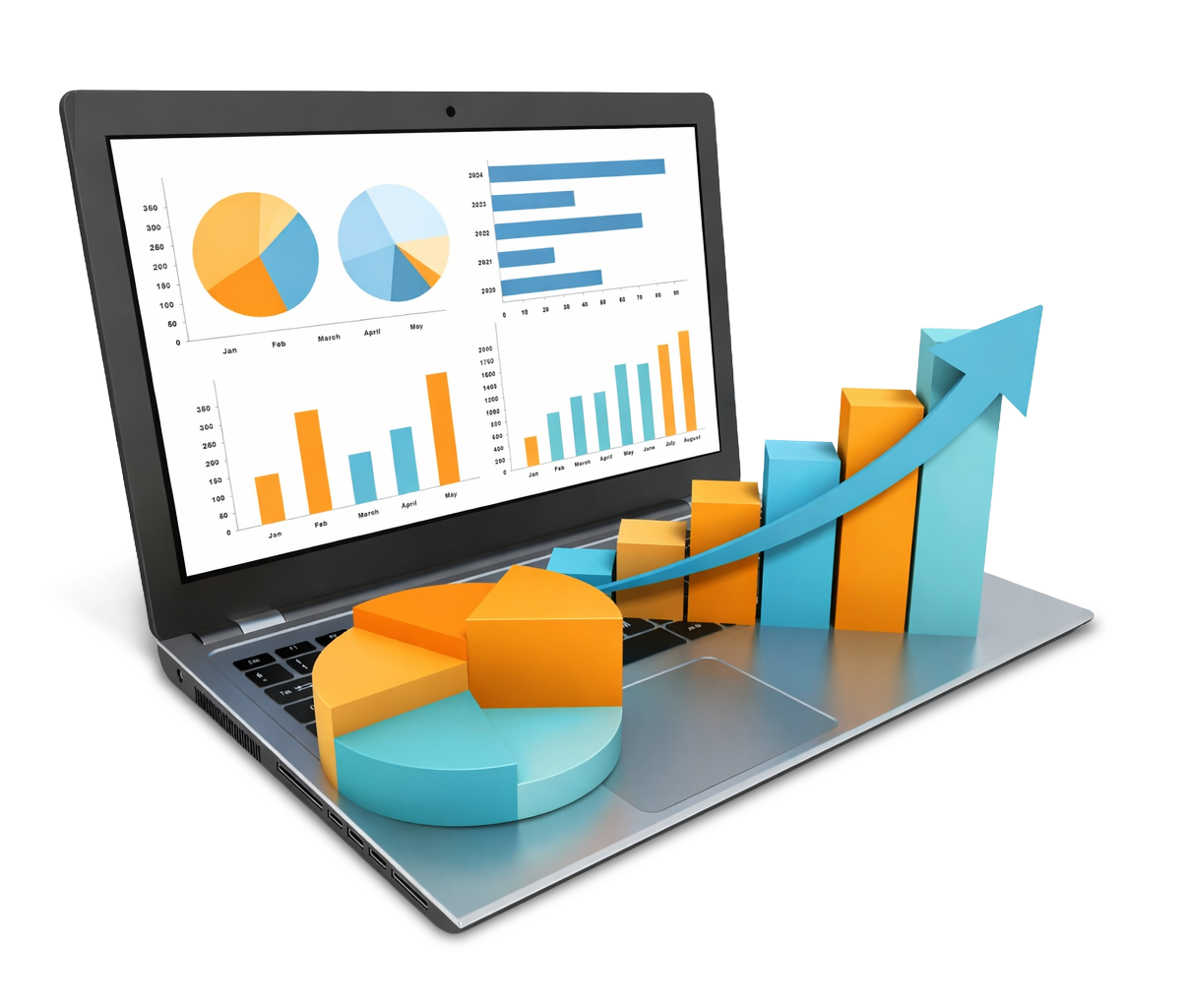 Computer displaying 3D charts and graphs illustrating growth metrics and data analysis, representing CAGnite's focus on performance marketing and tailored digital strategies.