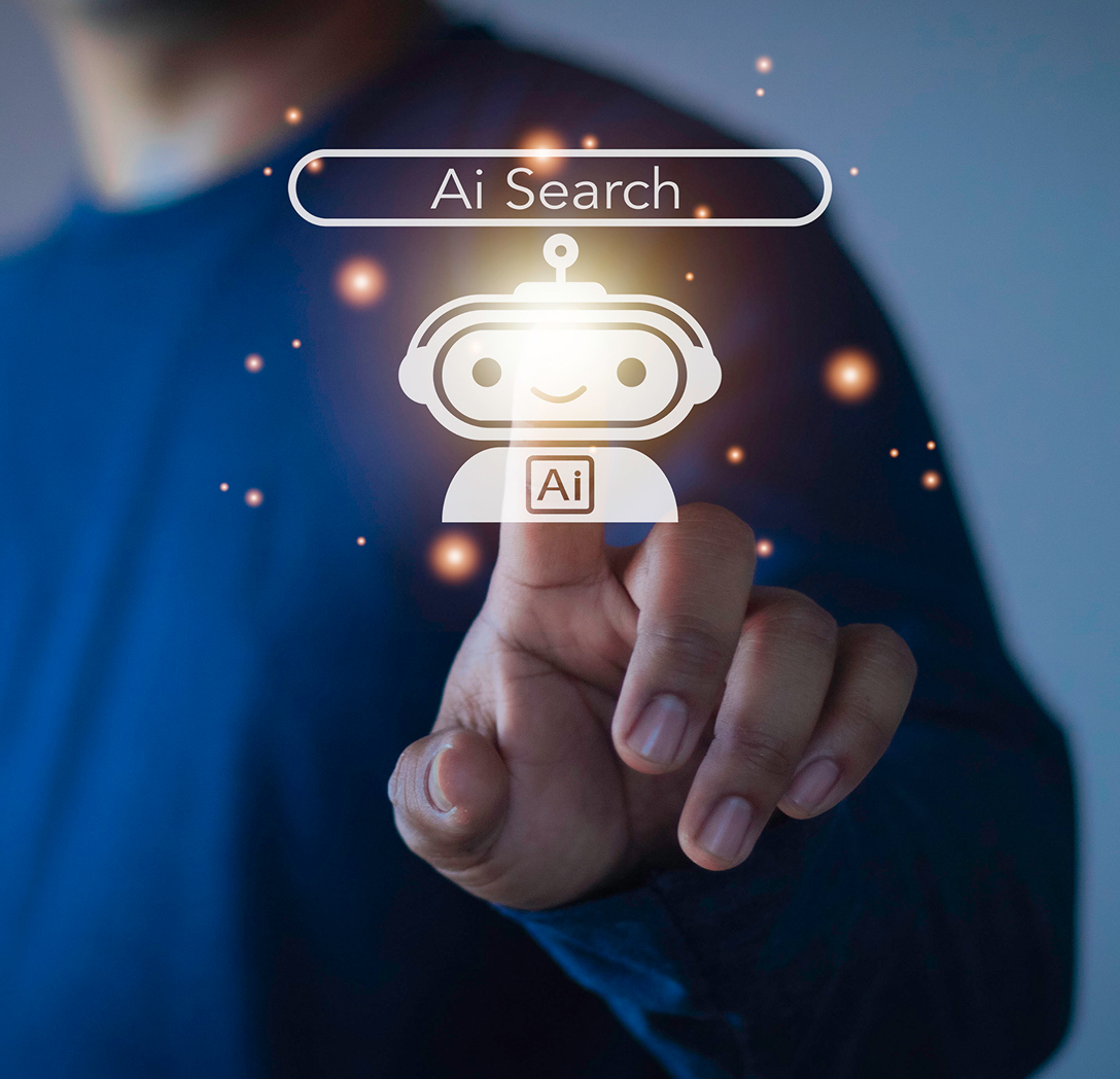 Hand touching a digital interface displaying an AI search icon, symbolizing the integration of AI technologies in search optimization and digital marketing strategies.