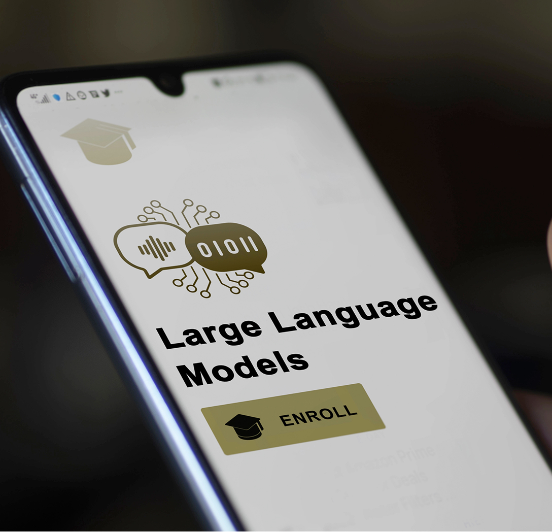 Smartphone displaying "Large Language Models" with an "Enroll" button, featuring a graphic of speech bubbles and binary code, emphasizing AI visibility and digital marketing insights.