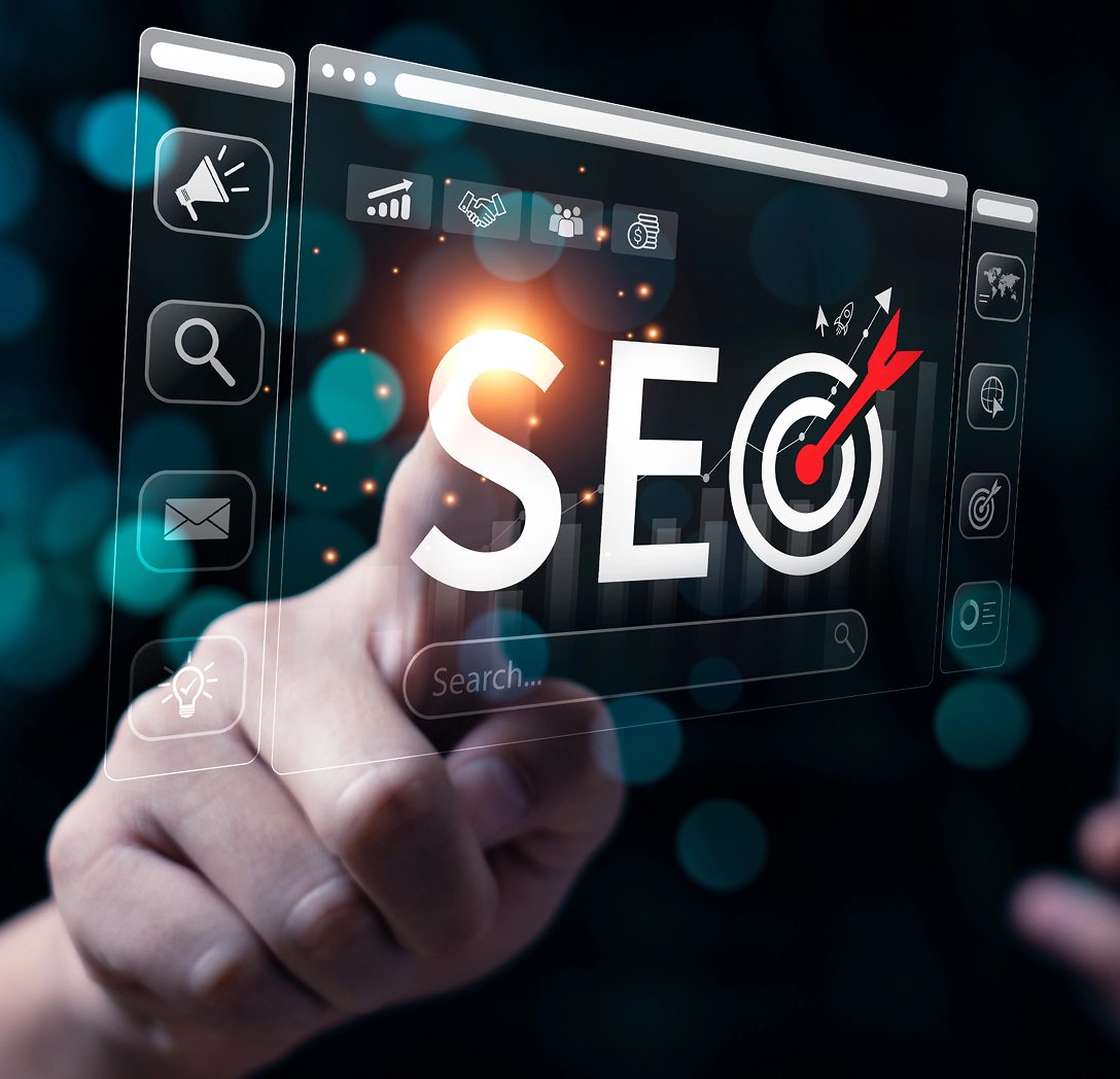 Hand interacting with a digital interface displaying "SEO" and a target symbol, emphasizing AI-driven search optimization and structured content strategies.