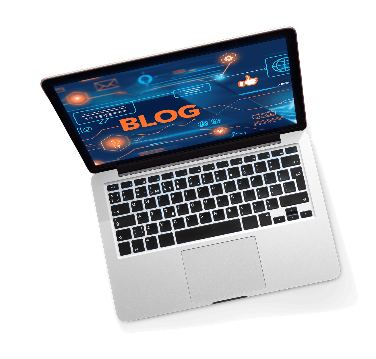 Laptop displaying a digital marketing blog interface with vibrant graphics and the word "BLOG," emphasizing the theme of constant movement and adaptation in marketing strategies.