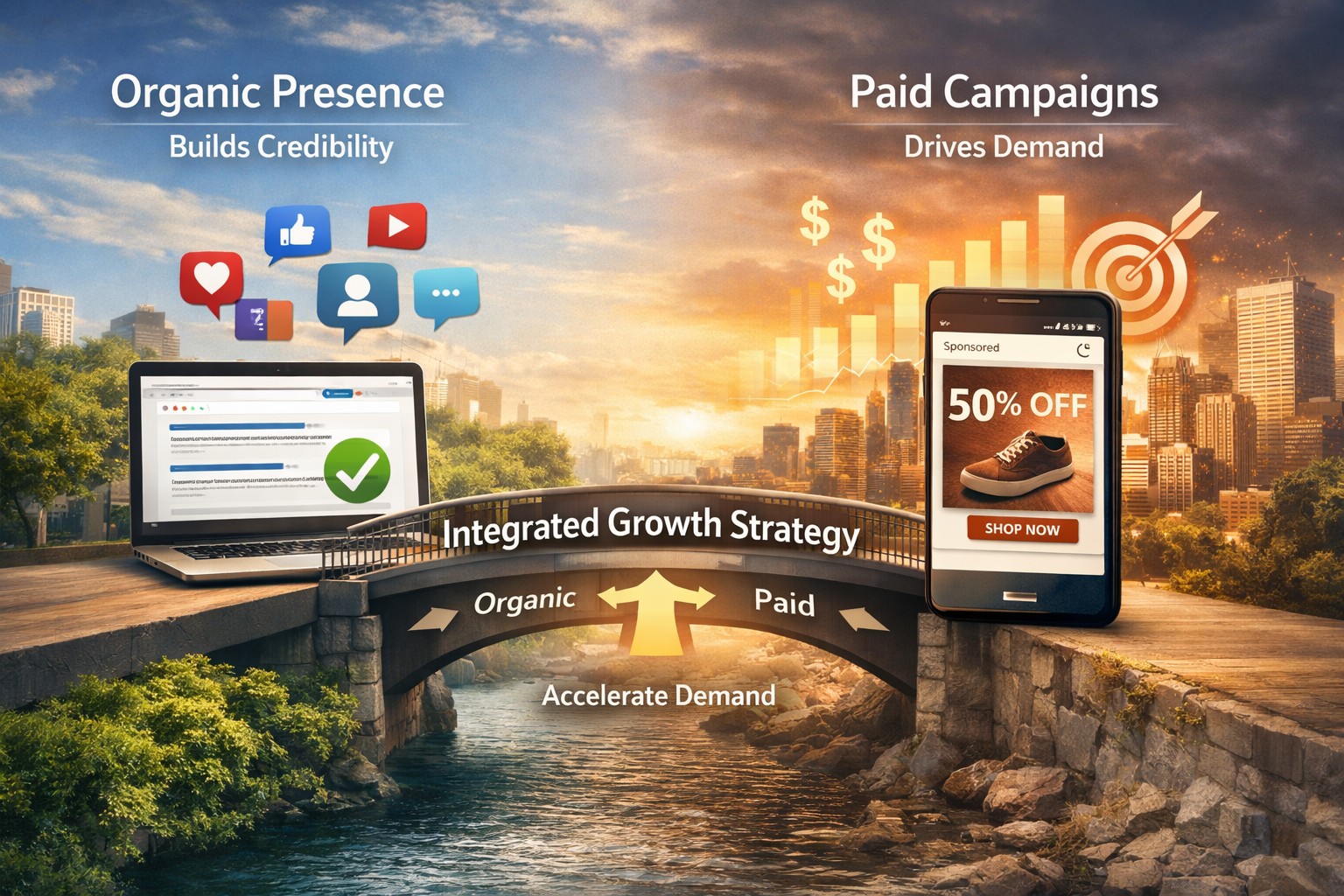 Organic presence building credibility and paid campaigns driving demand, illustrated by a laptop displaying social media icons and a smartphone showing a discount advertisement, connected by a bridge labeled "Integrated Growth Strategy."