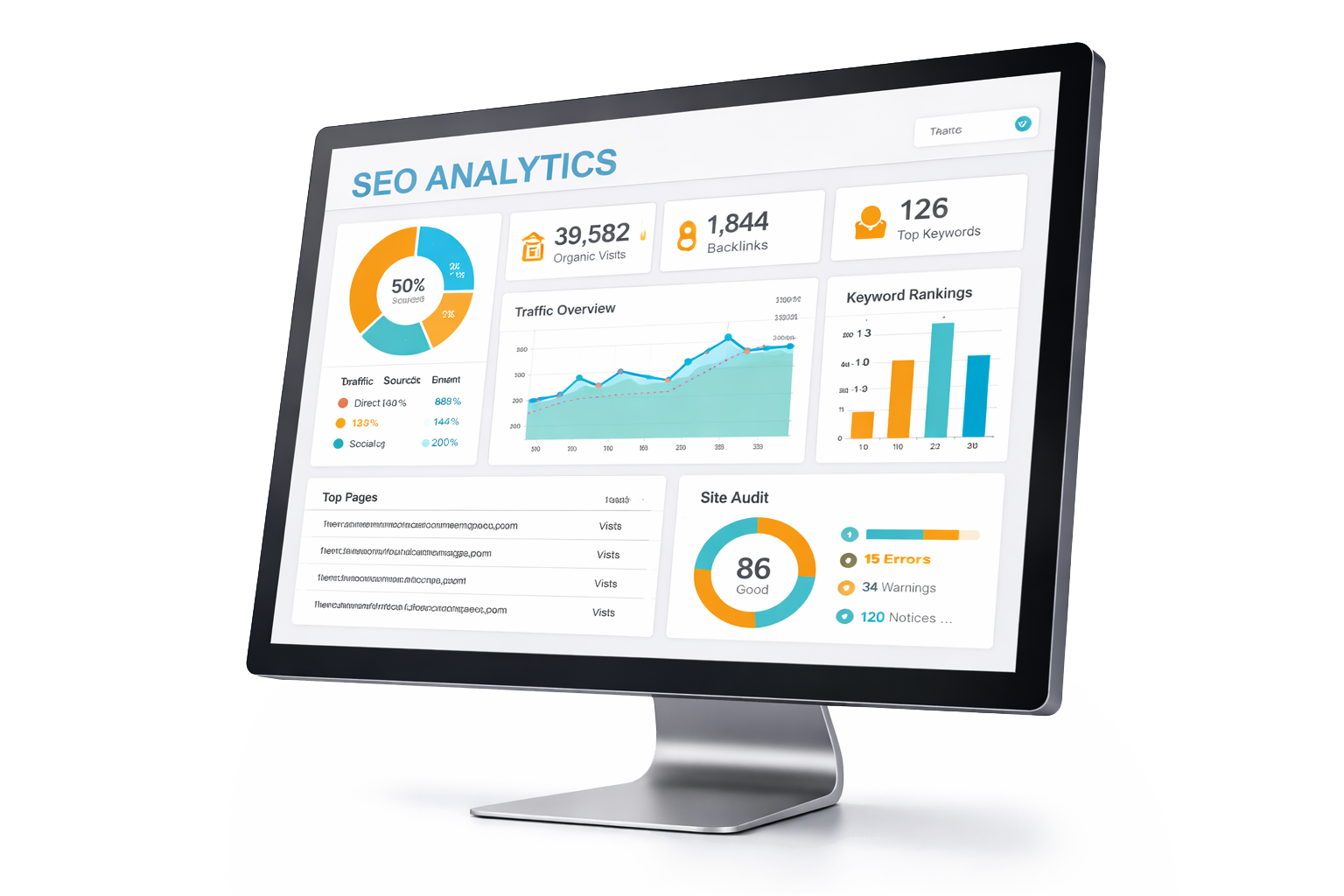 SEO analytics dashboard displaying traffic overview, backlinks, keyword rankings, and site audit metrics, emphasizing visibility intelligence and search optimization strategies.