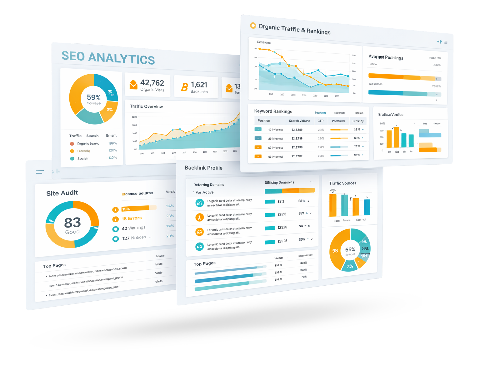 SEO analytics dashboard displaying traffic metrics, backlink profiles, site audit scores, and keyword rankings, emphasizing visibility intelligence and performance optimization in search engine results.