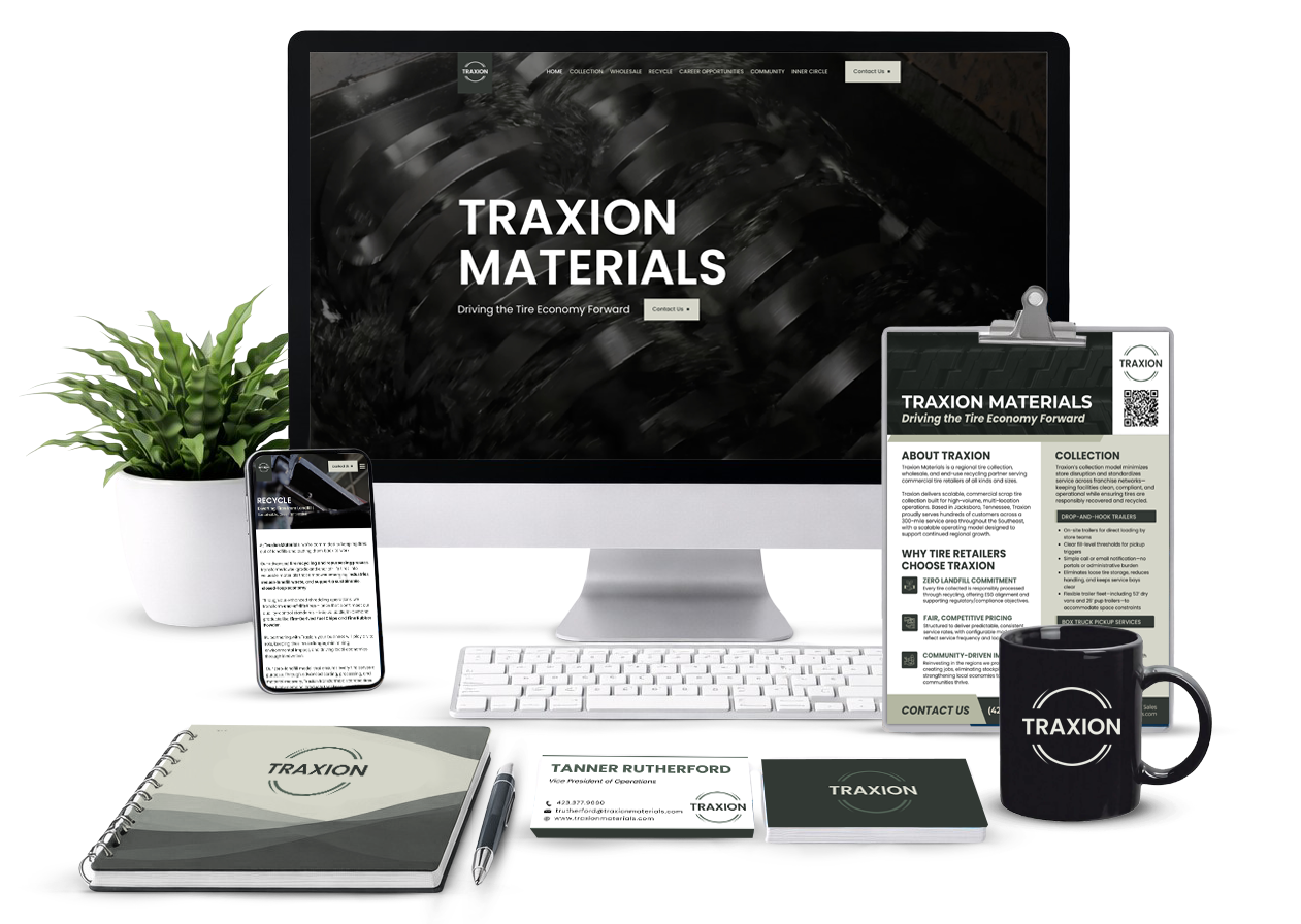 Desktop and mobile devices displaying the Traxion Materials website, featuring branding elements such as a notebook, business cards, and a coffee mug, emphasizing digital presence and marketing for tire economy solutions.