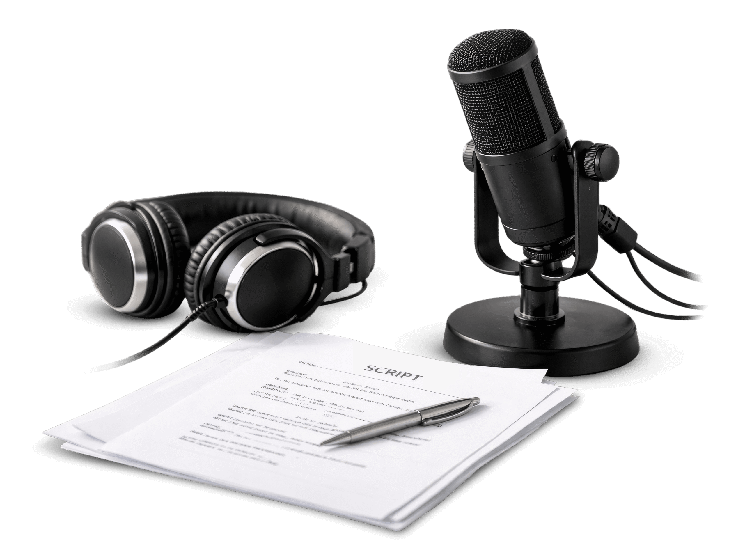 Microphone, headphones, and script on a desk, symbolizing podcasting and media production for strategic brand messaging and PR placement.