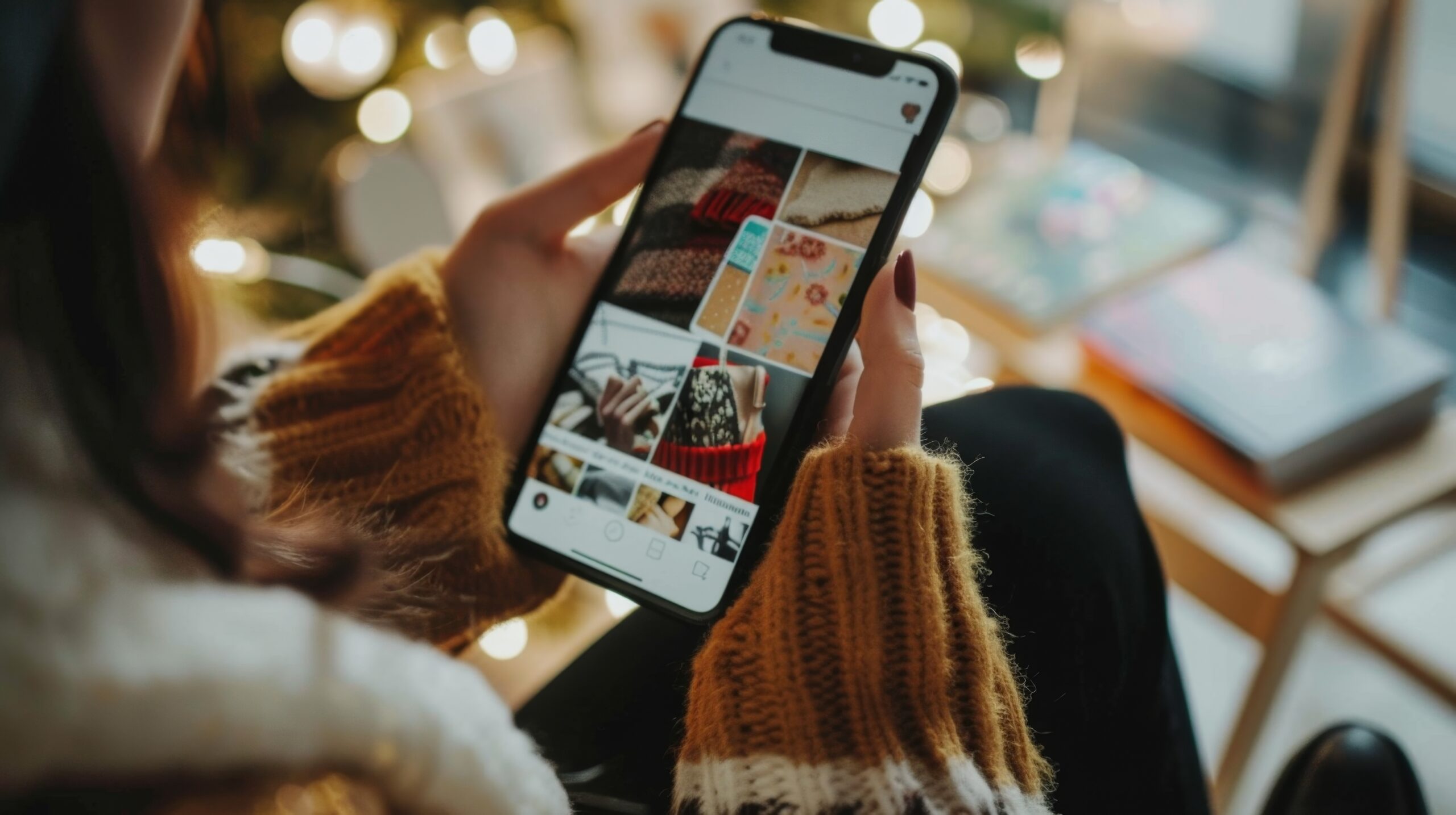 Person holding smartphone displaying a social media feed, showcasing visually engaging content related to fashion and lifestyle, in a cozy, illuminated setting.