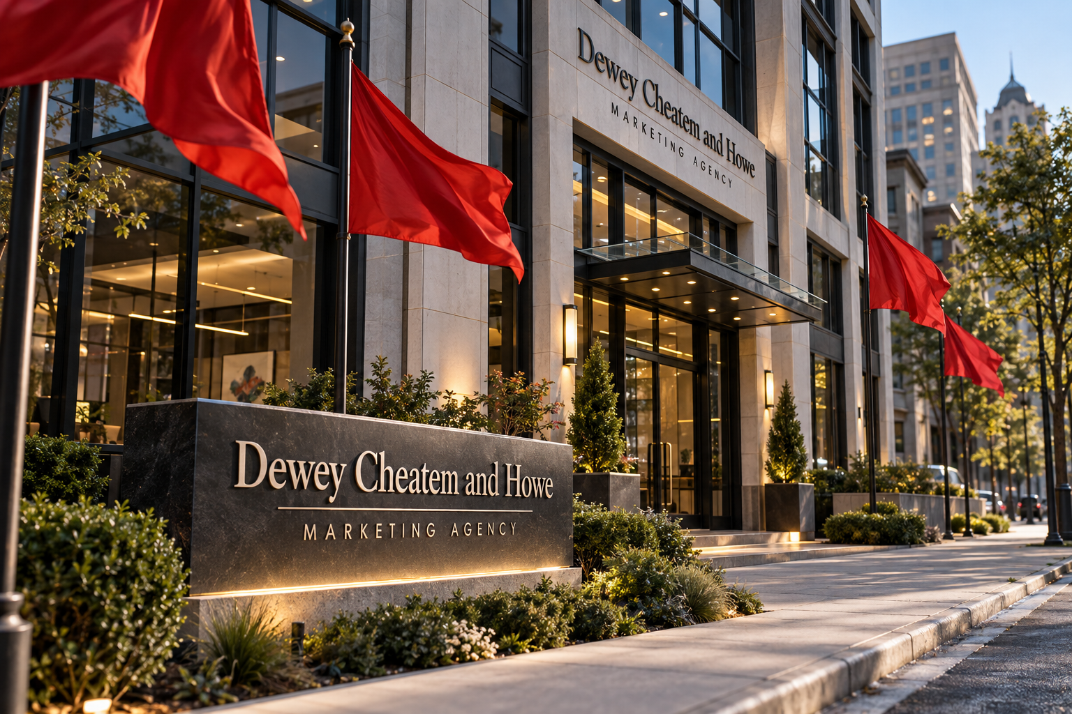 Upscale marketing agency building with a lit stone sign reading "Dewey Cheatem and Howe Marketing Agency," with red flags flying from poles along the sidewalk out front.